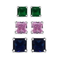 Set of 3 Simulated Blue, Pink and Green Diamond 7.30 ctw Stud Earrings in Sterling Silver