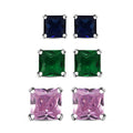 Set of 3 Simulated Pink, Green and Blue Diamond 7.30 ctw Stud Earrings in Sterling Silver - Sticky add to cart bar
