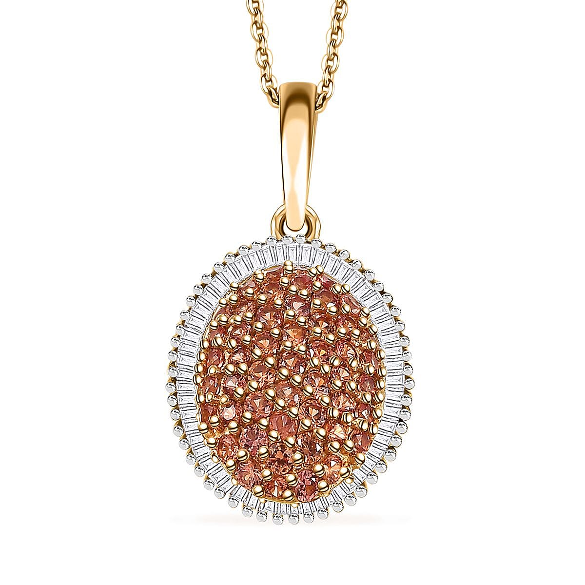 AAA Padparadscha Sapphire (BT) and Diamond 1.30 ctw Eclipse Bloom Pendant Necklace in 18K Vermeil Yellow Gold Over Sterling Silver 20 Inches