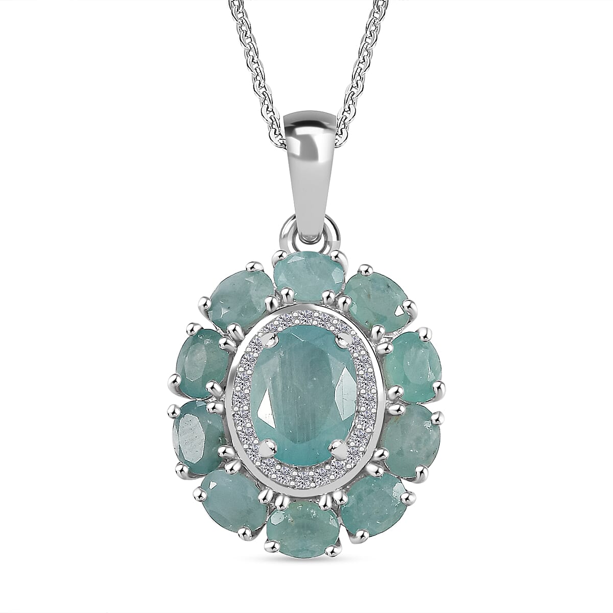 AAA Grandidierite and White Zircon 3.10 ctw Floral Pendant Necklace in Rhodium Over Sterling Silver 20 Inches