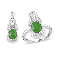 Green Jade Pixiu Ring (Size 5.0) and Pendant in Rhodium Over Sterling Silver 3.30 ctw