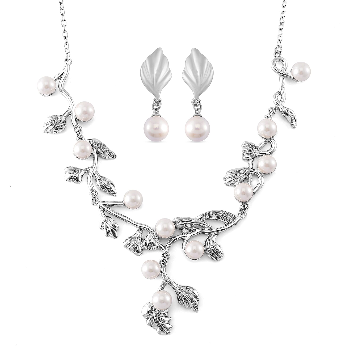 TLV White Shell Pearl Leaf Necklace (18-20 Inches) and Earrings in Silvertone