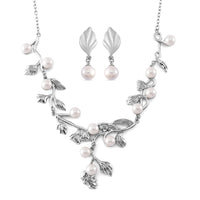 TLV White Shell Pearl Leaf Necklace (18-20 Inches) and Earrings in Silvertone