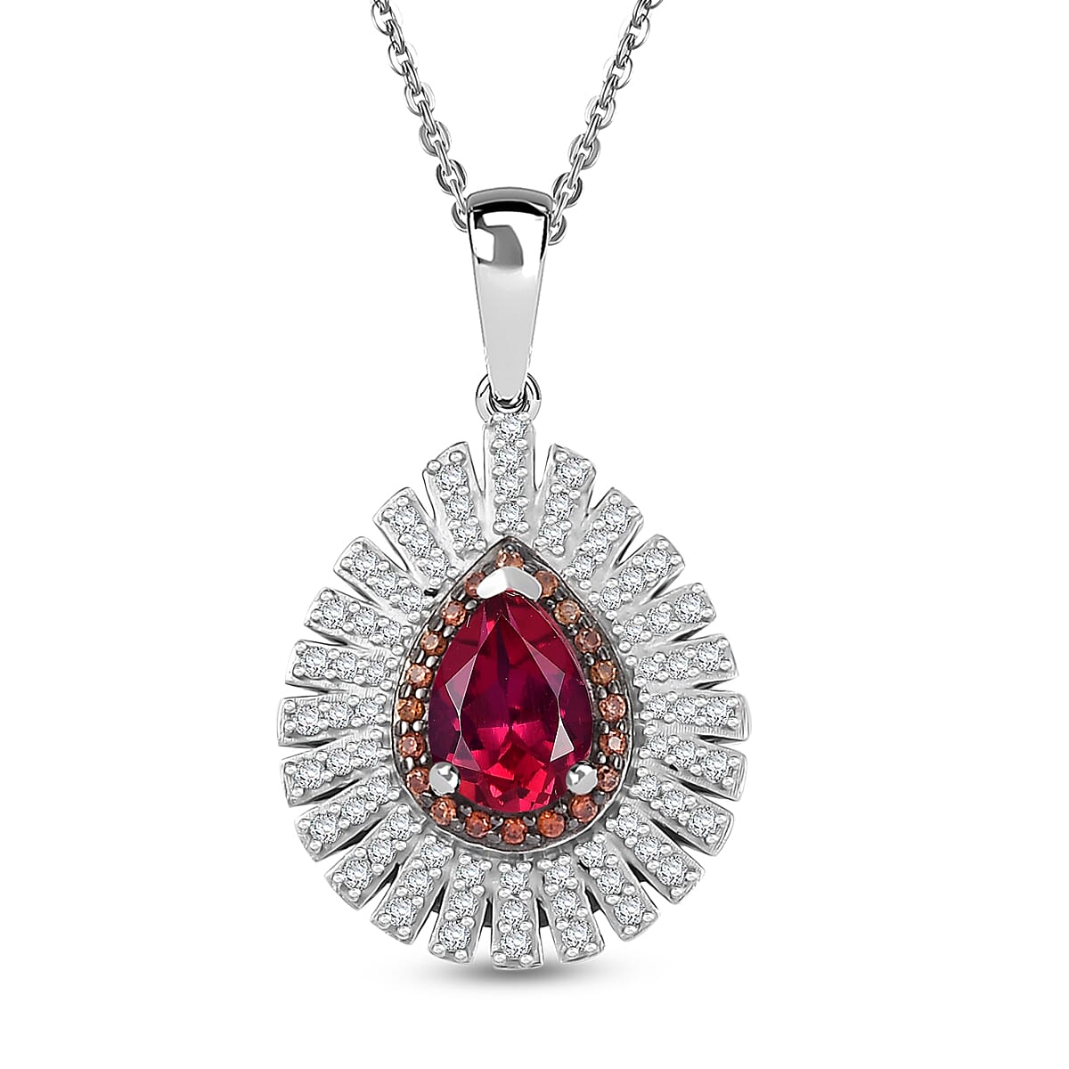Luxuriant Premium Bixbite (LG), White and Brown Zircon 1.35 ctw Sunrays Pendant Necklace in Rhodium Over Sterling Silver 20 Inches