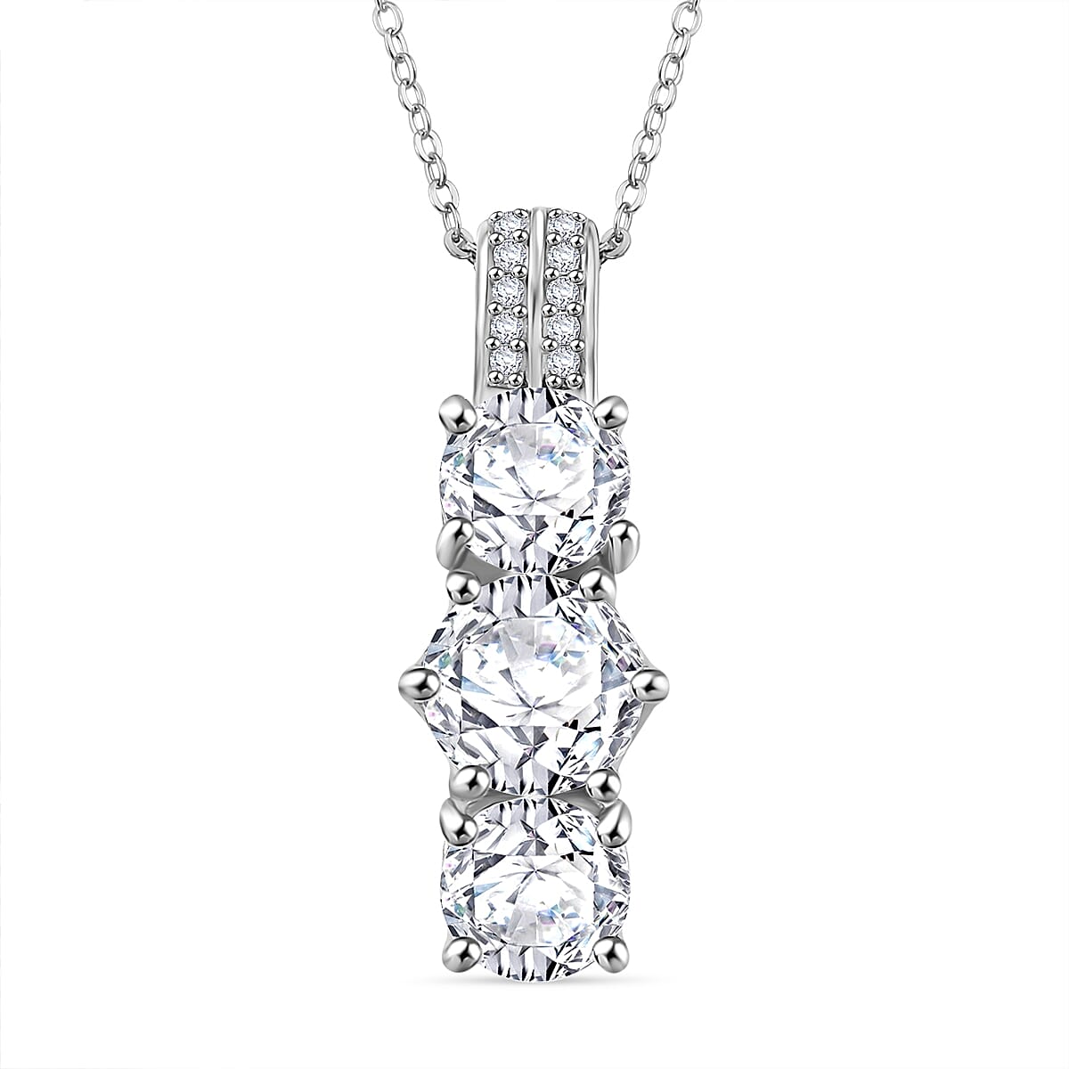 Moissanite (Rnd 7mm) Trinity Pendant Necklace (20 Inches) in Rhodium Over Sterling Silver 2.75 ctw