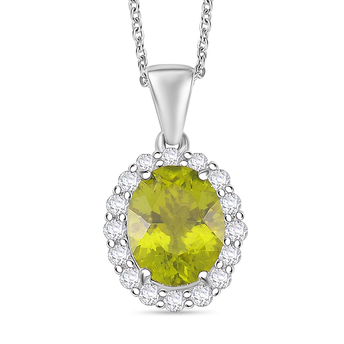 D'Joy Hebei Peridot and White Zircon 3.50 ctw Halo Pendant Necklace in Rhodium Over Sterling Silver 20 Inches