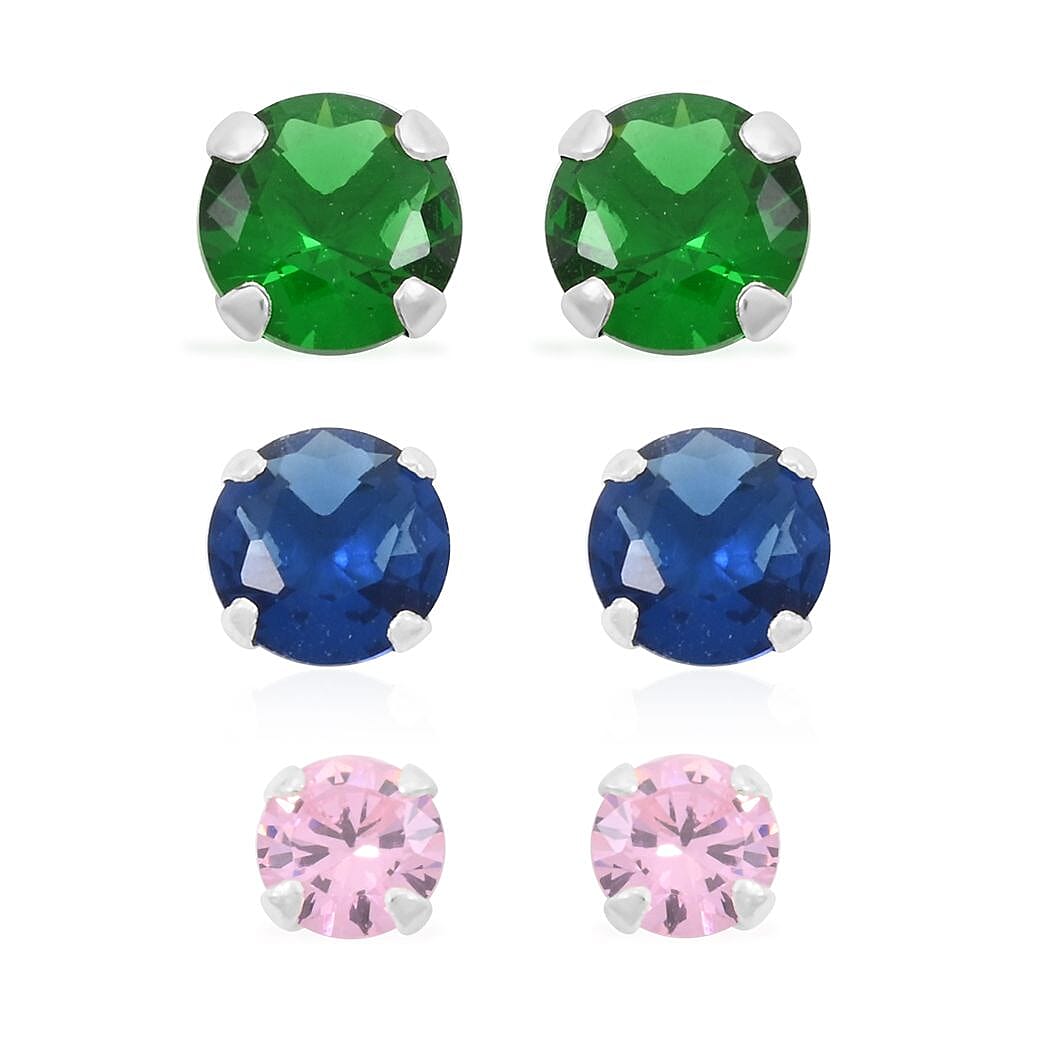 Set of 3, Simulated Pink, Blue and Green Diamond 4.80 ctw Stud Earrings in Sterling Silver