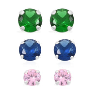 Set of 3, Simulated Pink, Blue and Green Diamond 4.80 ctw Stud Earrings in Sterling Silver