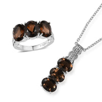 Brazilian Smoky Quartz 9.60 ctw Trilogy Ring (Size 5.0) and Pendant Necklace 20 Inches in Stainless Steel