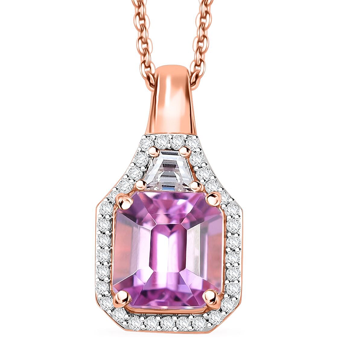 Premium Patroke Kunzite, White Zircon Art Deco Pendant Necklace (18 Inches) in 18K Vermeil RG Over Sterling Silver 4.30 ctw