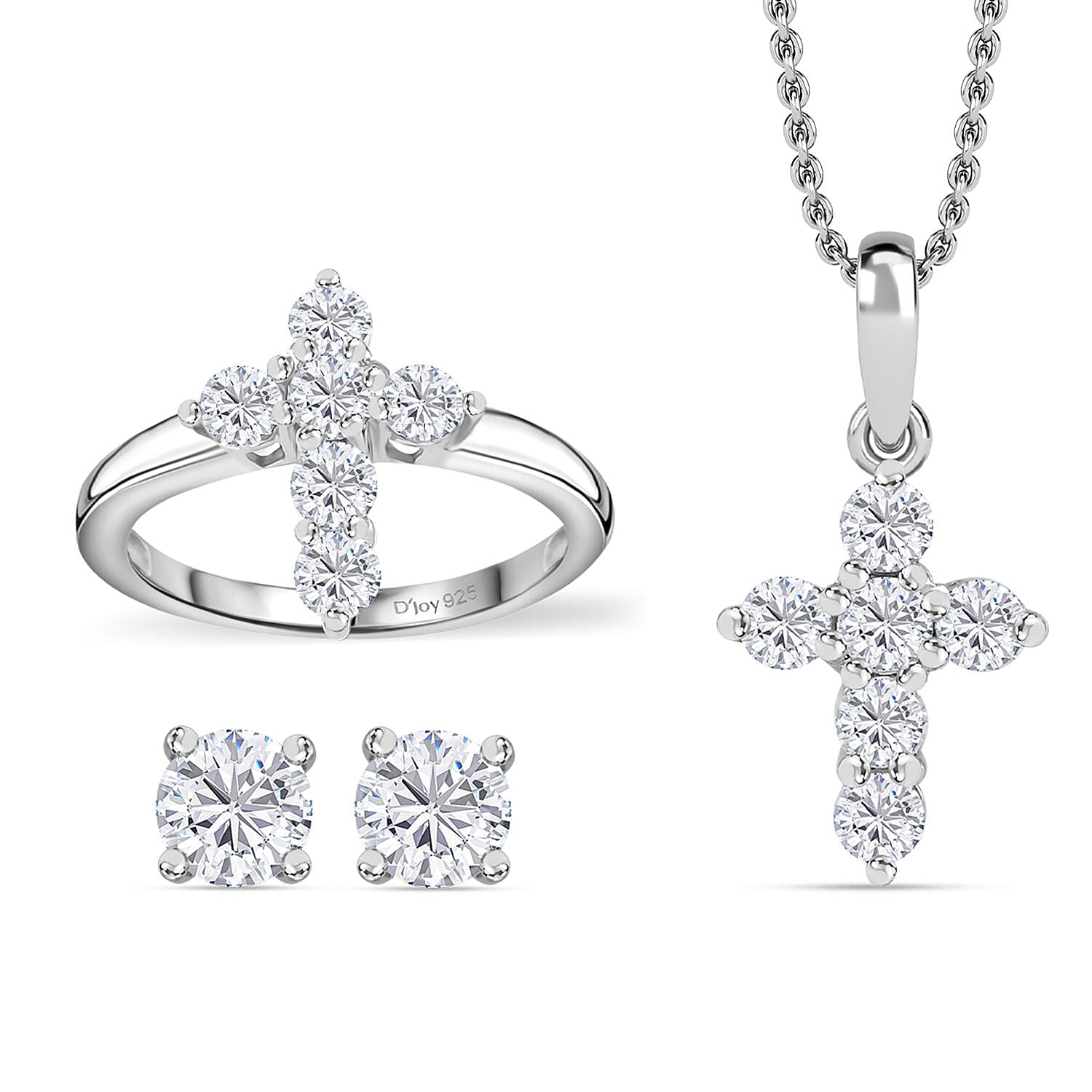 Moissanite Stud Earrings, Cross Ring (Size 5.0), Pendant in Rhodium Over Sterling Silver with Stainless Steel Necklace (20 Inches) 1.75 ctw
