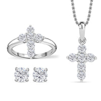 Moissanite Stud Earrings, Cross Ring (Size 5.0), Pendant in Rhodium Over Sterling Silver with Stainless Steel Necklace (20 Inches) 1.75 ctw