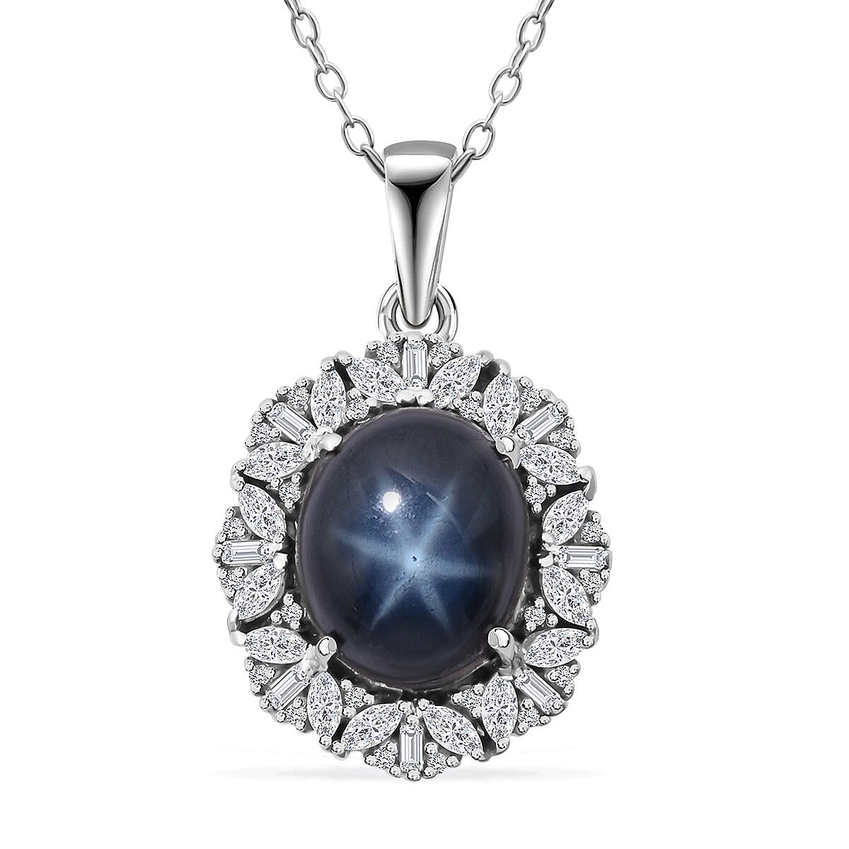 Doorbuster Blue Star Sapphire (DF), White Zircon Pendant Necklace (20 Inches) in Rhodium Over Sterling Silver 7.15 ctw