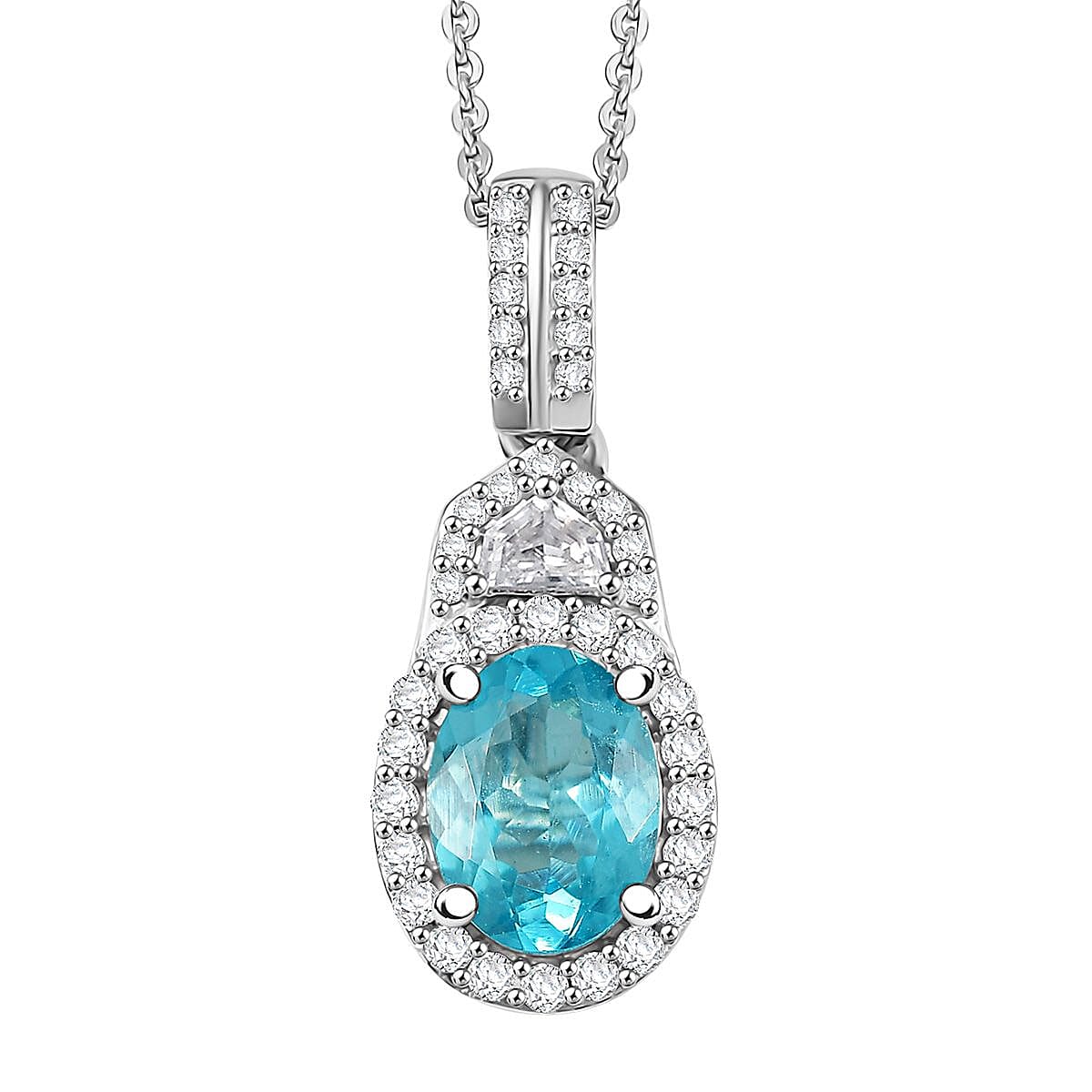 D'Joy Lagoon Apatite, Moissanite Pendant Necklace (20 Inches) in Rhodium Over Sterling Silver 1.50 ctw