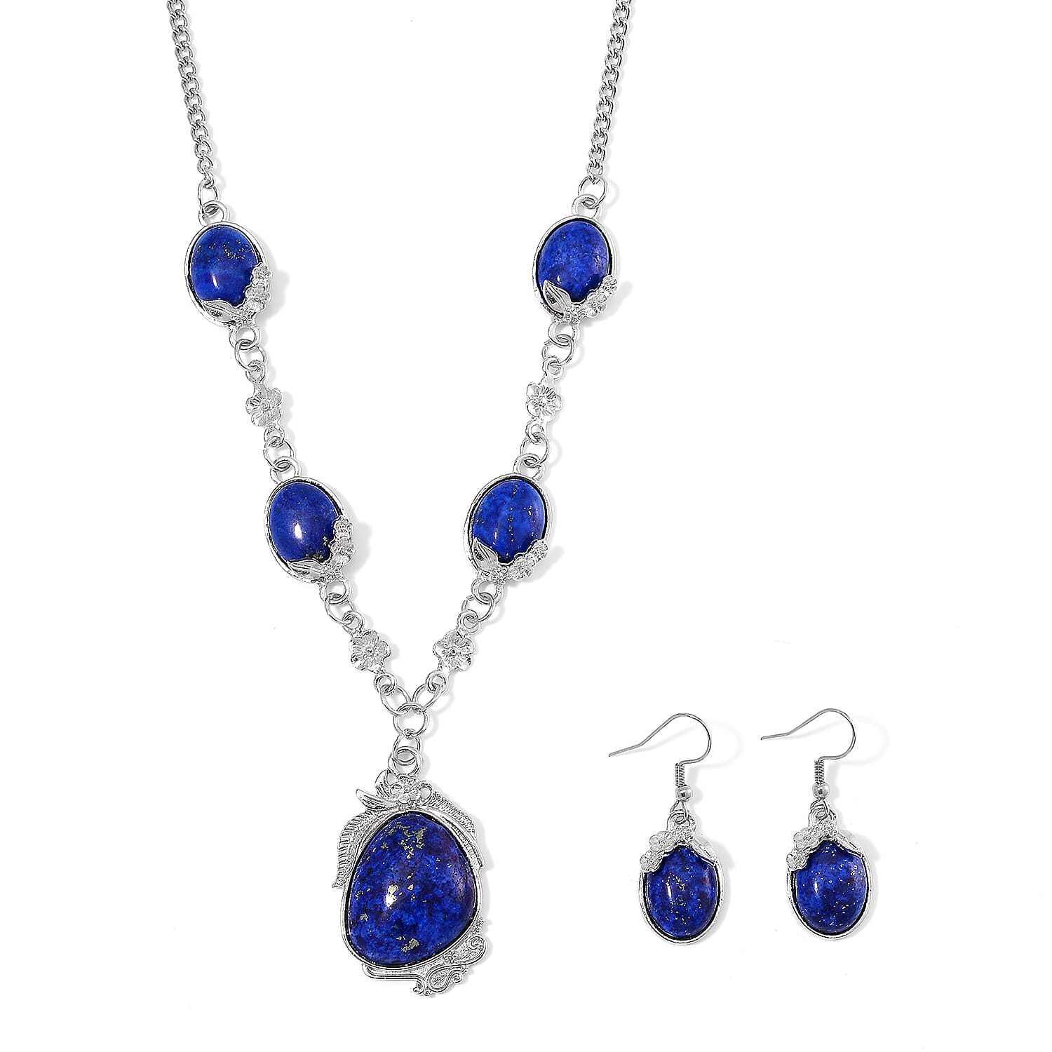 Lapis Lazuli Necklace (20 Inches) and Earrings in Silvertone 140.00 ctw
