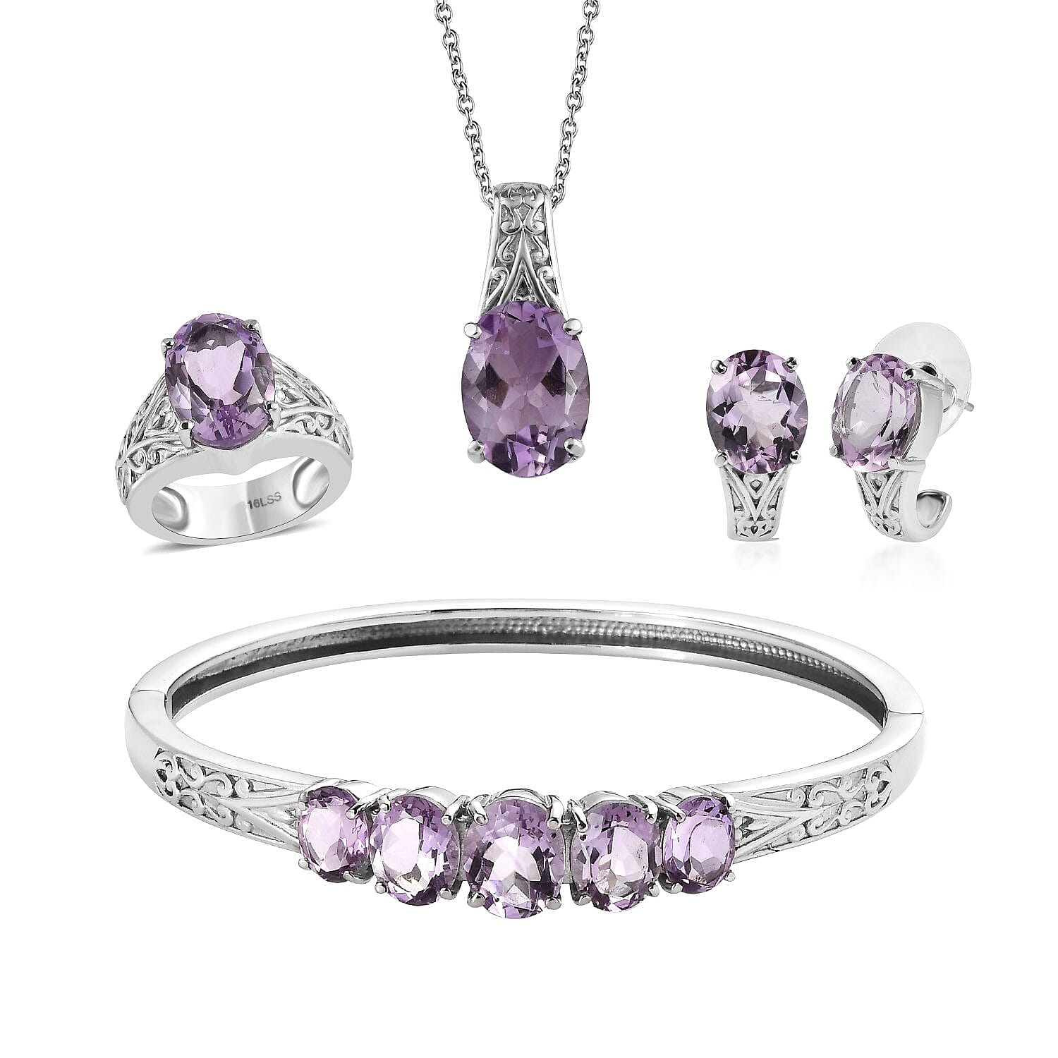 TLV Rose De France Amethyst Bangle Bracelet (7.25In), Earrings, Ring (Size 5.0) and Pendant Necklace (20 Inches) in Stainless Steel 31.70 ctw