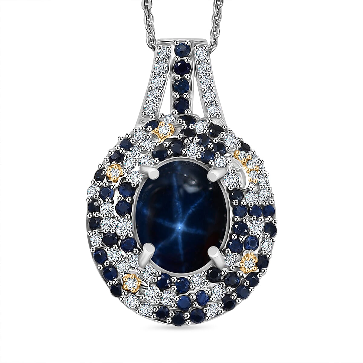 TLV Blue Star Sapphire (DF), Multi Gemstone Pendant Necklace (20 Inches) in Rhodium Over Sterling Silver 6.40 ctw