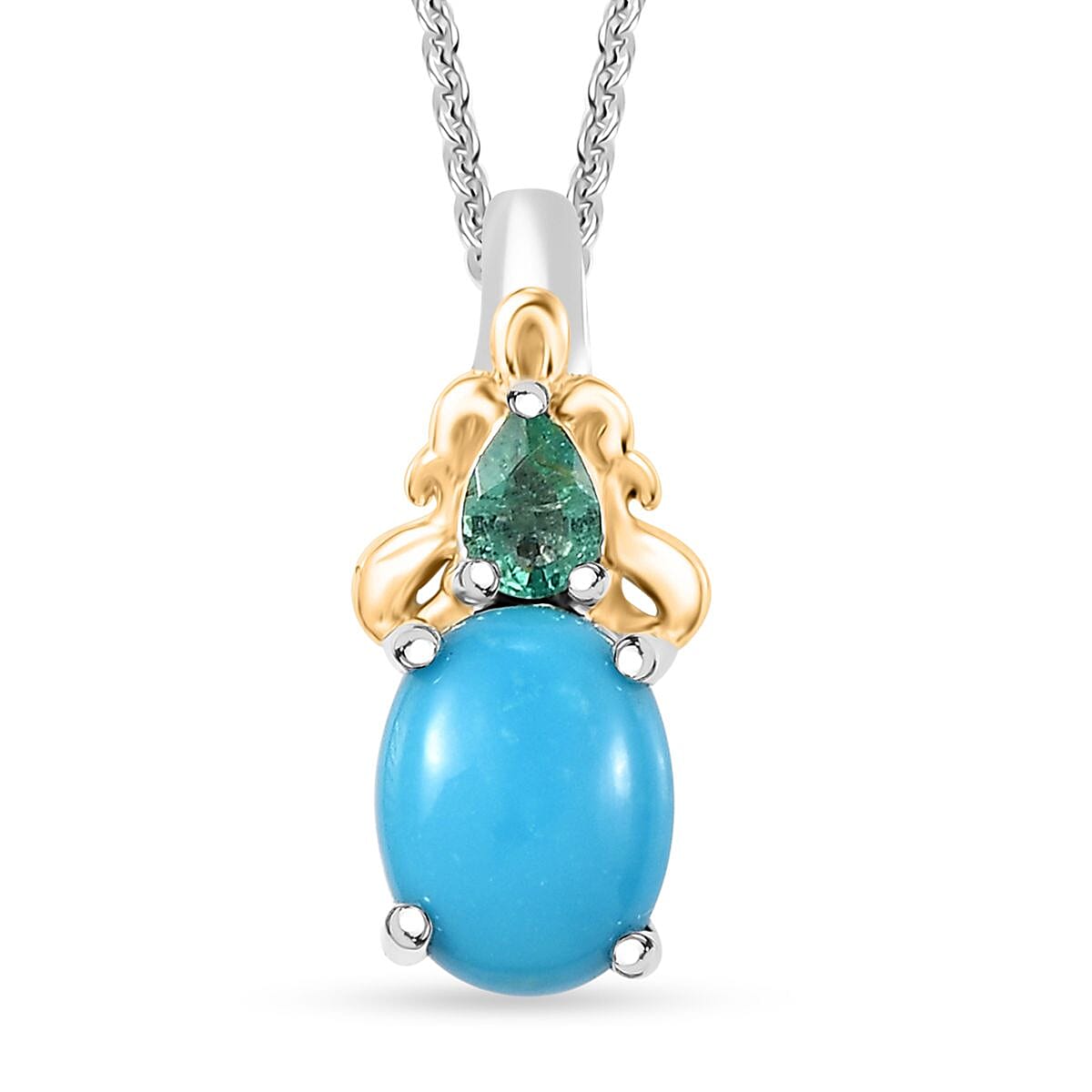 Sleeping Beauty Turquoise, Kagem Zambian Emerald Pendant Necklace (20 Inches) in 18K Vermeil YG and Rhodium Over Sterling Silver 1.30 ctw