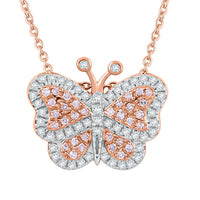 Natural Pink and White Diamond 0.35 ctw Butterfly Pendant Necklace in Vermeil Rose Gold Over Sterling Silver 18 Inches