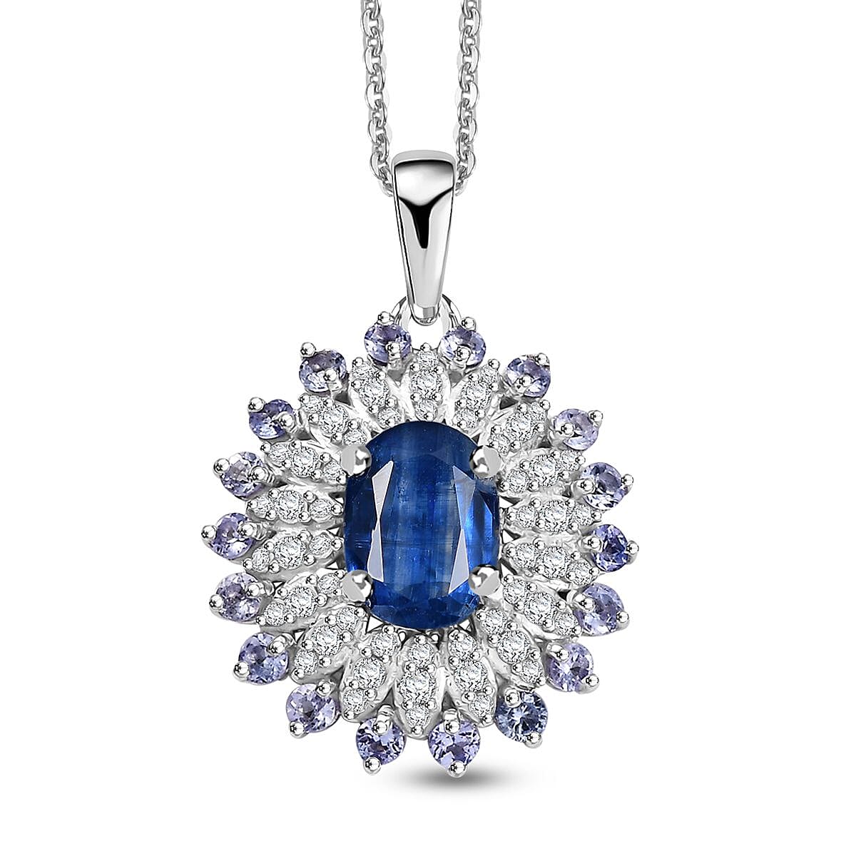 Kashmir Kyanite and Multi Gemstone 2.75 ctw Floral Pendant Necklace in Rhodium Over Sterling Silver 20 Inches