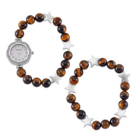 2pcs Set - Strada Yellow Tigers Eye, Crystal Japanese Movement Beaded Stretch Bracelet Charm Watch and Bracelet with Resin Star (7-7.5In) 24.00 ctw