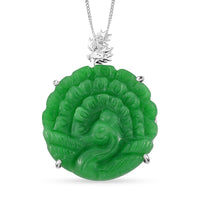 Green Jade (D) 53.50 ctw Carved Peacock Pendant Necklace in Rhodium Over Sterling Silver 18 Inches