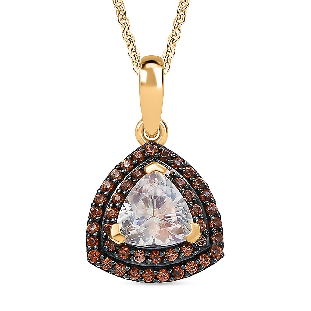 D'Joy Premium Malagasy Moonstone and Champagne Zircon 1.35 ctw Double Halo Pendant Necklace in 18K Vermeil Yellow Gold Over Sterling Silver 20 Inches