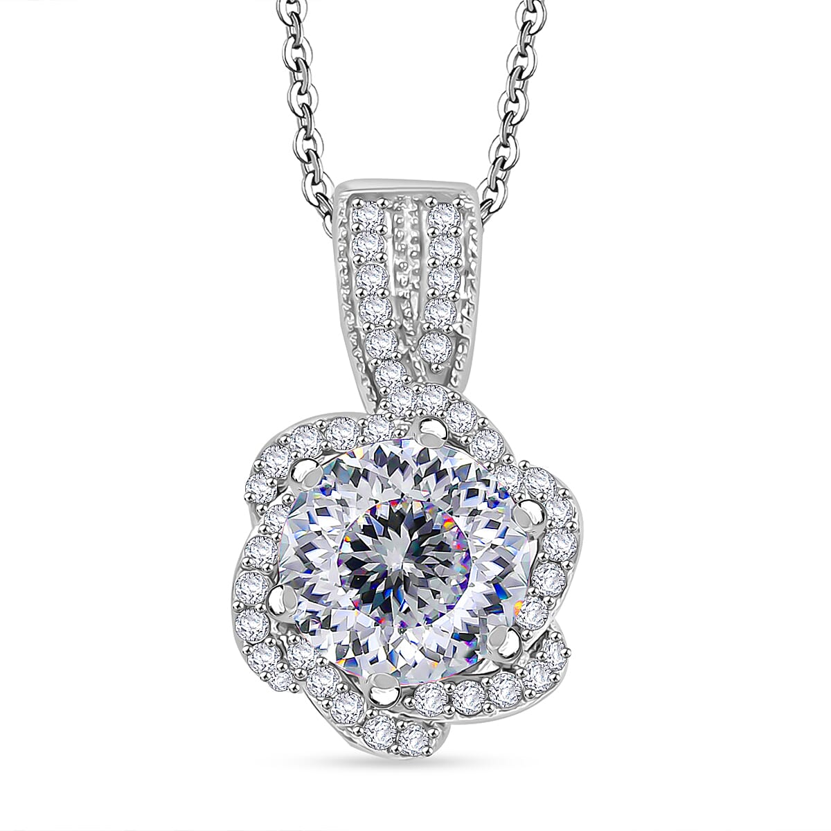 Crisantemo Cut Moissanite 2.50 ctw Floral Cascade Pendant Necklace in Rhodium Over Sterling Silver 20 Inches