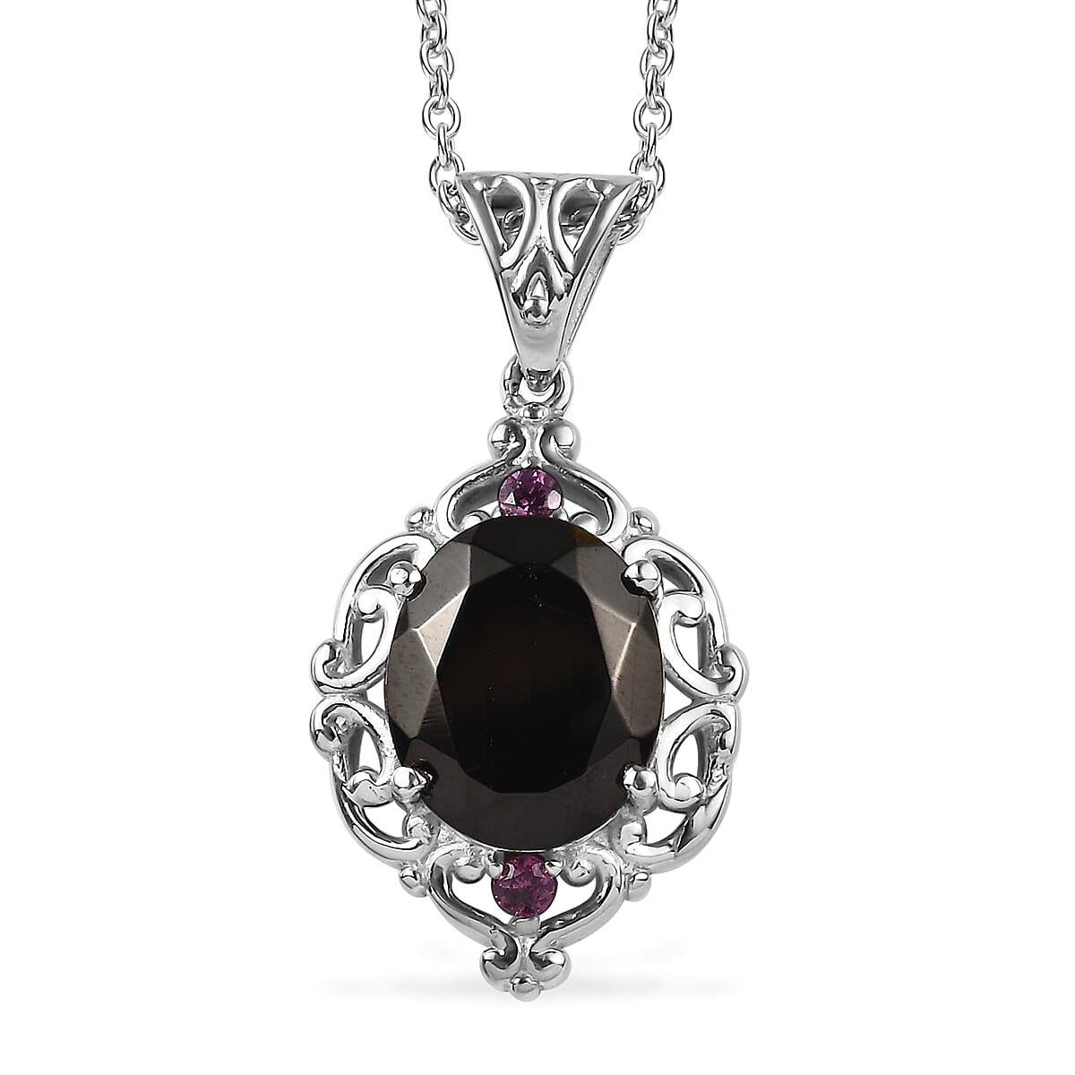 Elite Shungite and Orissa Rhodolite Garnet 2.65 ctw Victorian Twilight Pendant Necklace in Stainless Steel 20 Inches