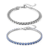 One Time Only Simulated Blue Diamond Set of 2 Tennis and Curb Bracelet in Stainless Steel (7.50-9.0In) 13.00 ctw