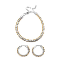 6mm Curb Chain Bracelet (7.50-9.50In) and Hoop Earrings in ION Plated YG and Stainless Steel