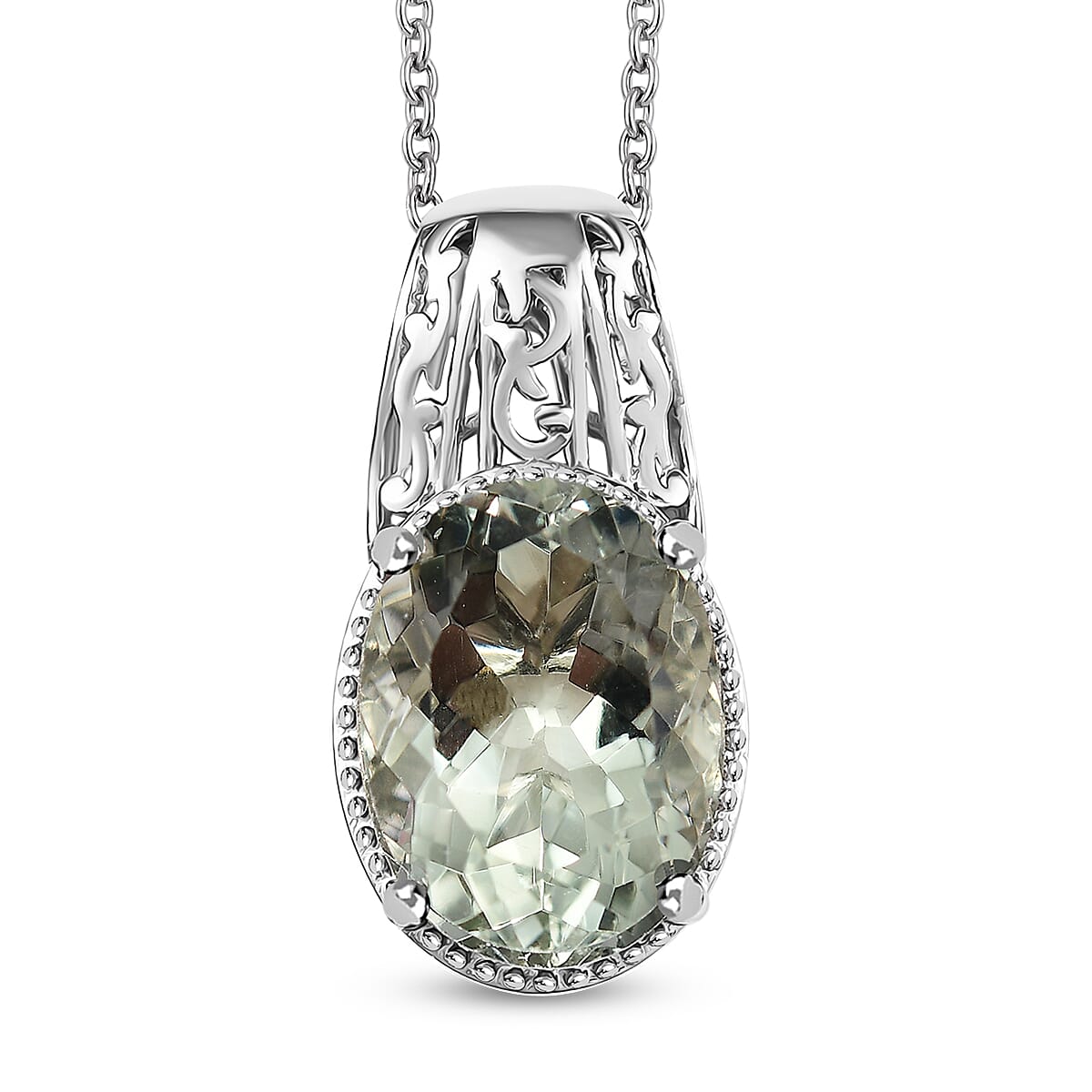 Montezuma Prasiolite 9.65 ctw Solitaire Pendant in Platinum Bond with Stainless Steel Necklace 20 Inches
