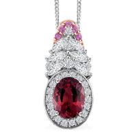 D'Joy Ouro Fino Rubellite and Multi Gemstone 2.70 ctw Lotus Flower Pendant Necklace 18 Inches in Rhodium Over Sterling Silver