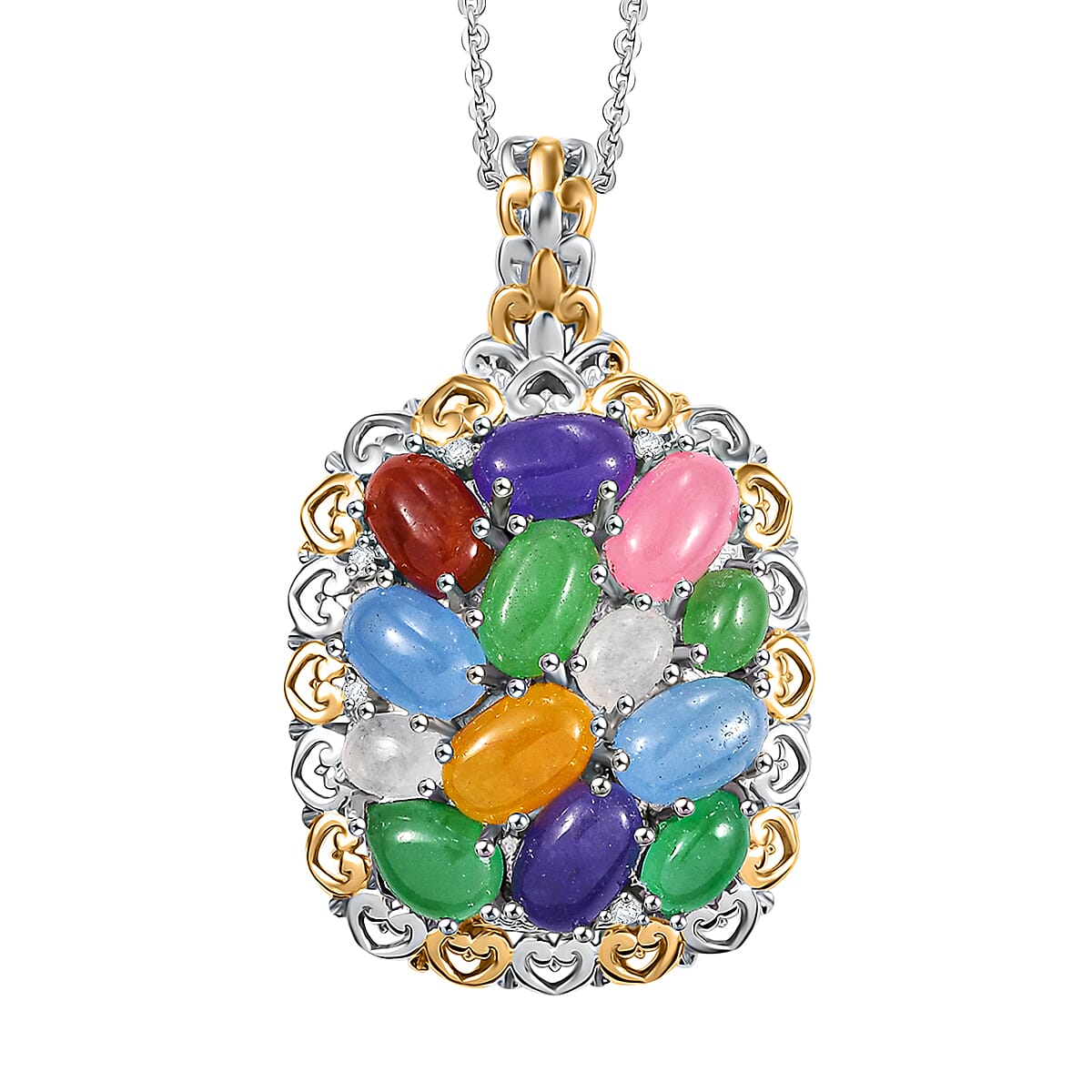 Multi Jade (D) and White Zircon 6.60 ctw Rainbow Harmony Pendant Necklace in Vermeil YG and Rhodium Over Sterling Silver 20 Inches
