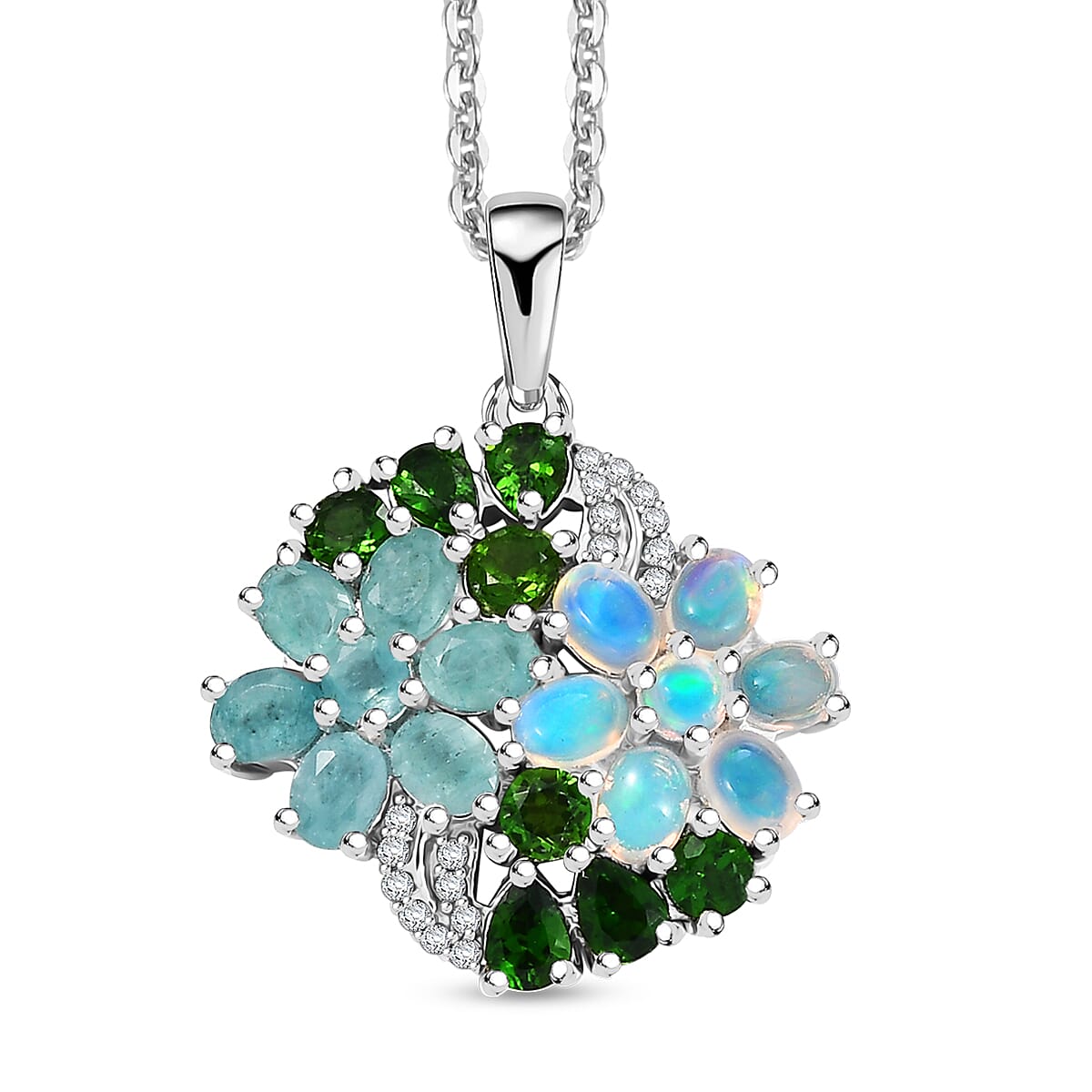 D'Joy Multi Genstone 3.35 ctw Bunch of Flower Pendant Necklace in Rhodium Over Sterling Silver 20 Inches