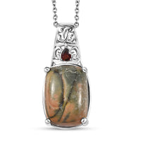 Venus Jasper and Mozambique Garnet 14.20 ctw Pendant in Platinum Bond with Stainless Steel Necklace 20 Inches