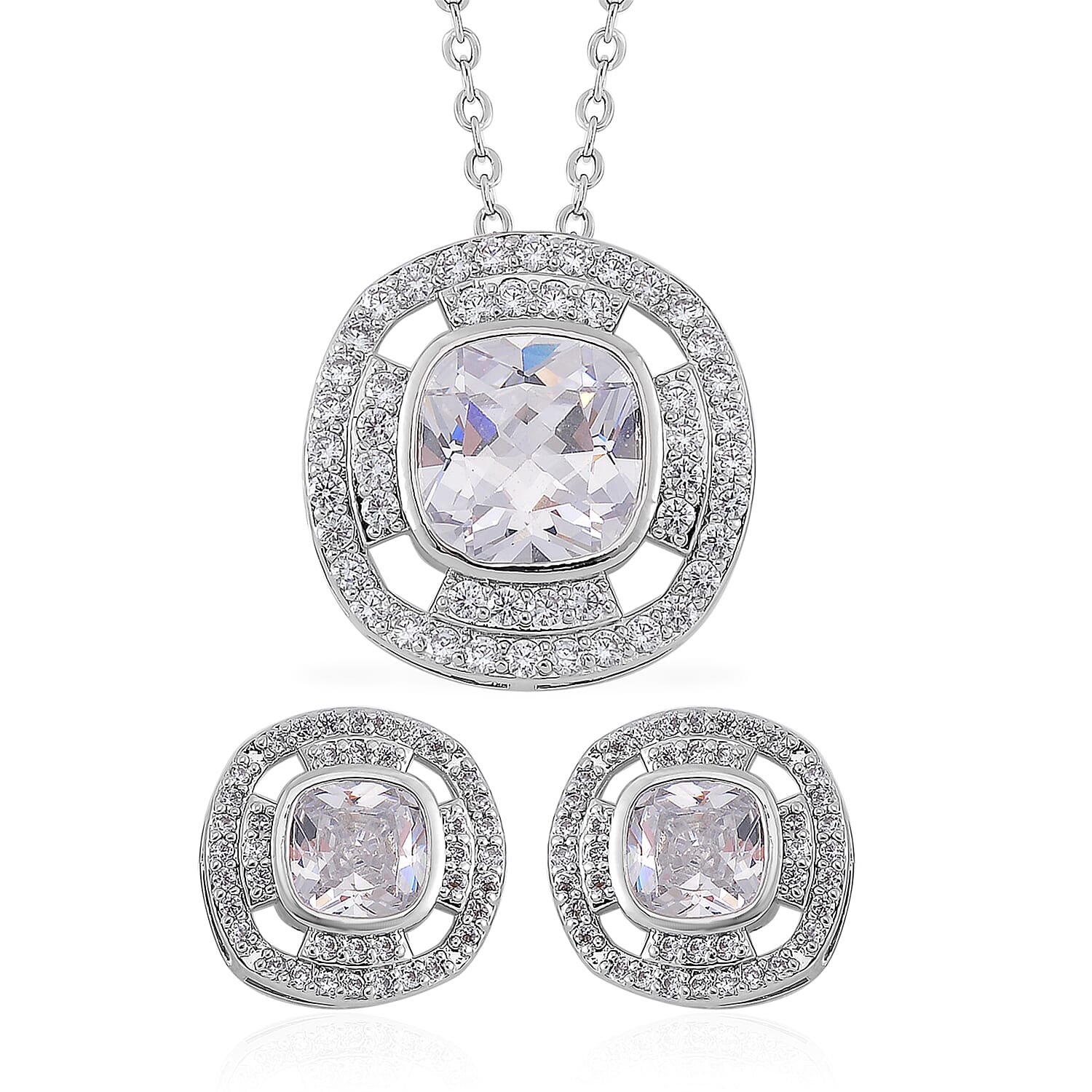 Set of 2 Karis Simulated Diamond, White Crystal Necklace (20-22 Inches), Earrings in Slivertone 3.00 ctw