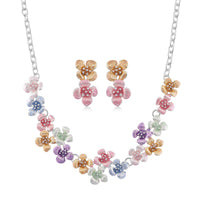 Austrian Crystal and Multi Color Enameled Floral Necklace (20-22 Inches) and Earrings in Silvertone
