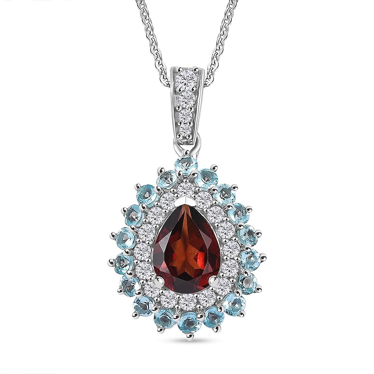 Mozambique Garnet and Multi Gemstone 2.20 ctw Teardrop Halo Pendant Necklace in Rhodium Over Sterling Silver 20 Inches