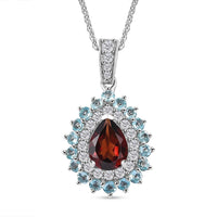 Mozambique Garnet and Multi Gemstone 2.20 ctw Teardrop Halo Pendant Necklace in Rhodium Over Sterling Silver 20 Inches