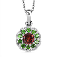 Mozambique Garnet and Chrome Diopside 1.75 ctw Vintage Blossom Pendant Necklace in Rhodium Over Sterling Silver 20 Inches