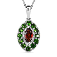Premium Mozambique Garnet and 1.60 ctw Chrome Diopside Pendant Necklace in Rhodium Over Sterling Silver 20 Inches