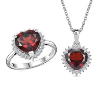 Karis Premium Mozambique Garnet, White Zircon Heart Ring (Size 5.0), Pendant in Platinum Bond with Stainless Steel Necklace (20 Inches) 8.20 ctw
