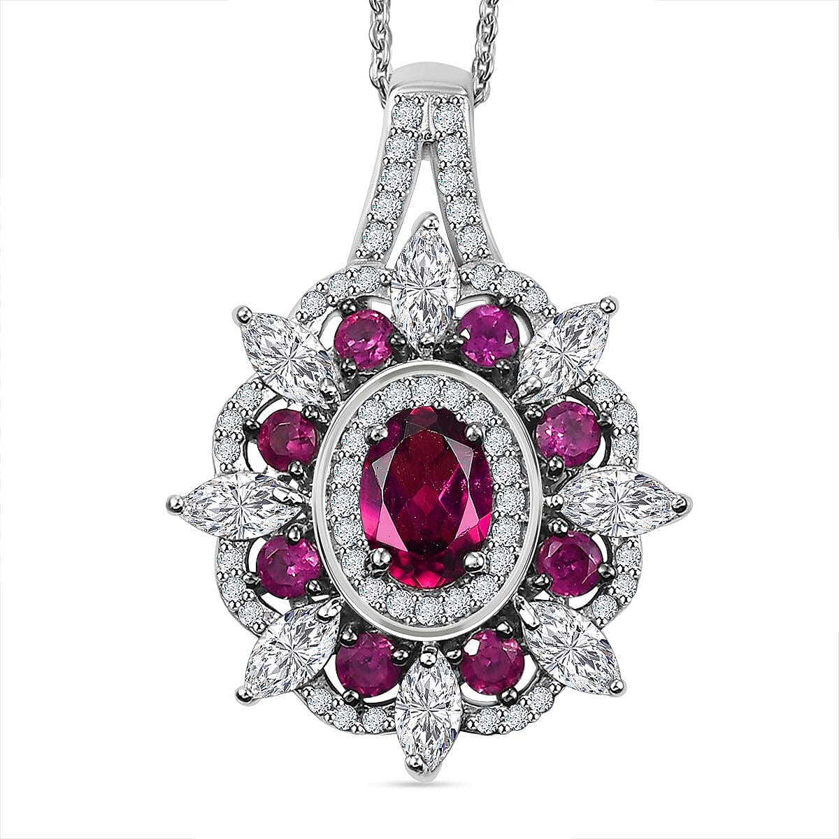 AAA Radiant Ember Garnet and Mossanite 3.00 ctw Floral Pendant Necklace in Rhodium Over Sterling Silver 20 Inches