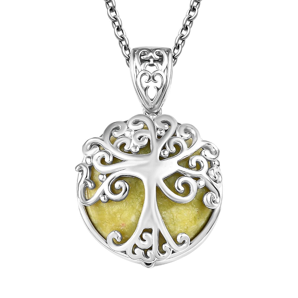 Connemara Marble 14.50 ctw Tree of Life Pendant in Platinum Over Sterling Silver with Stainless Steel Necklace 20 Inches