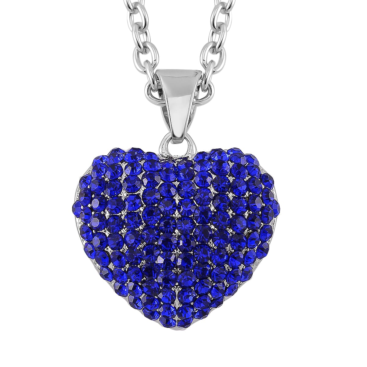 Blue Austrian Crystal Heart Pendant Necklace (24 Inches) in Silvertone
