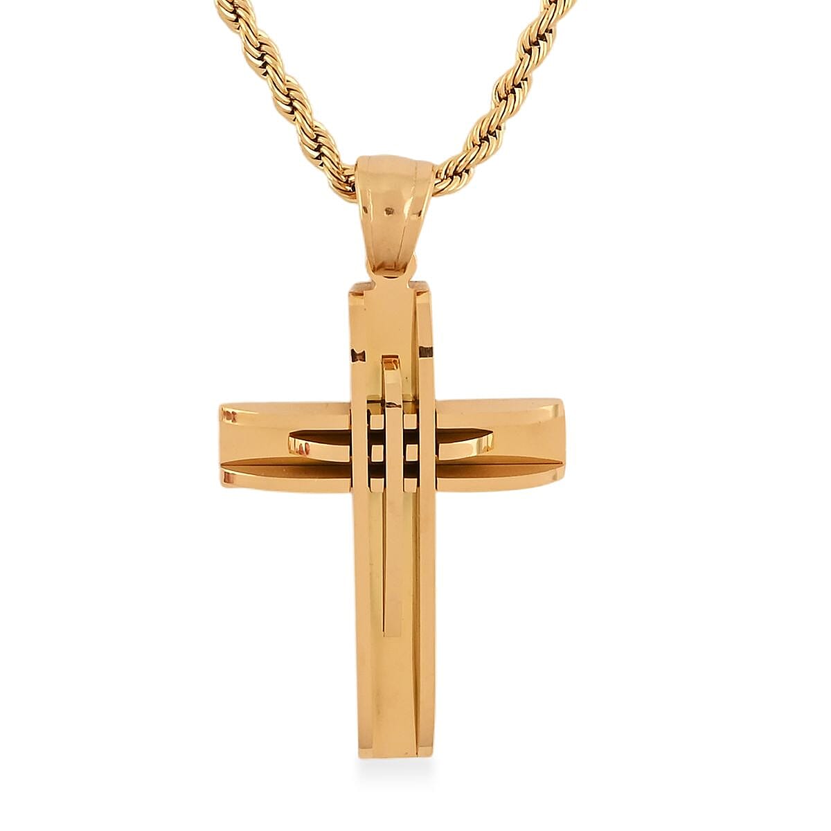 Cross Pendant with Necklace 24 Inches in ION Plated YG Stainless Steel