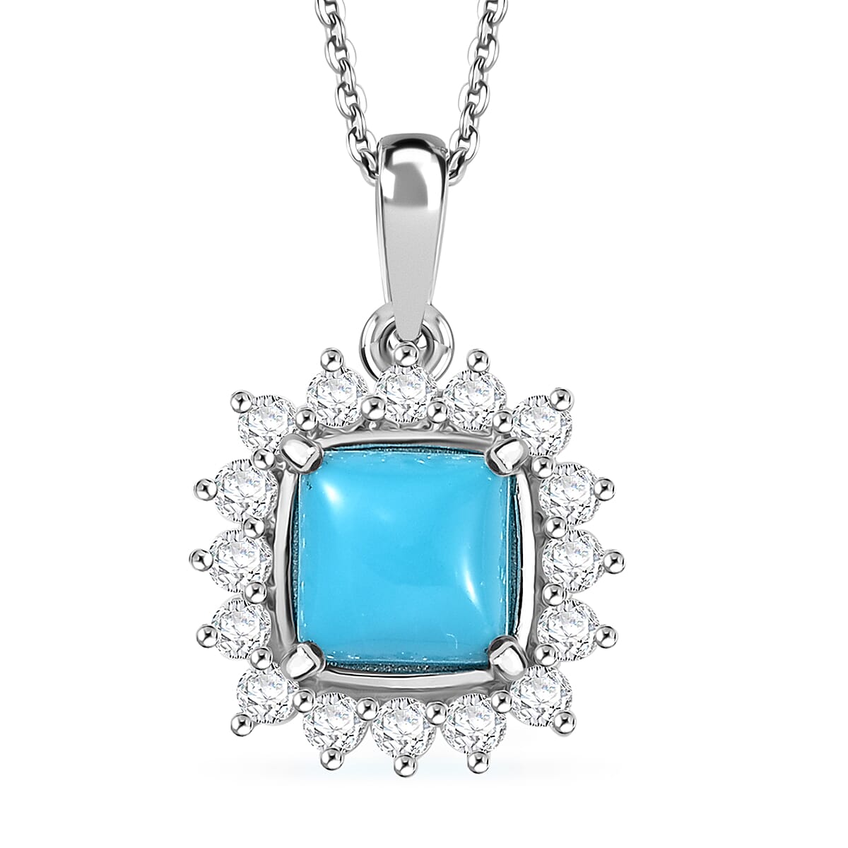 Sleeping Beauty Turquoise and White Zircon 2.35 ctw Sunburst Pendant Necklace in Rhodium Over Sterling Silver 20 Inches