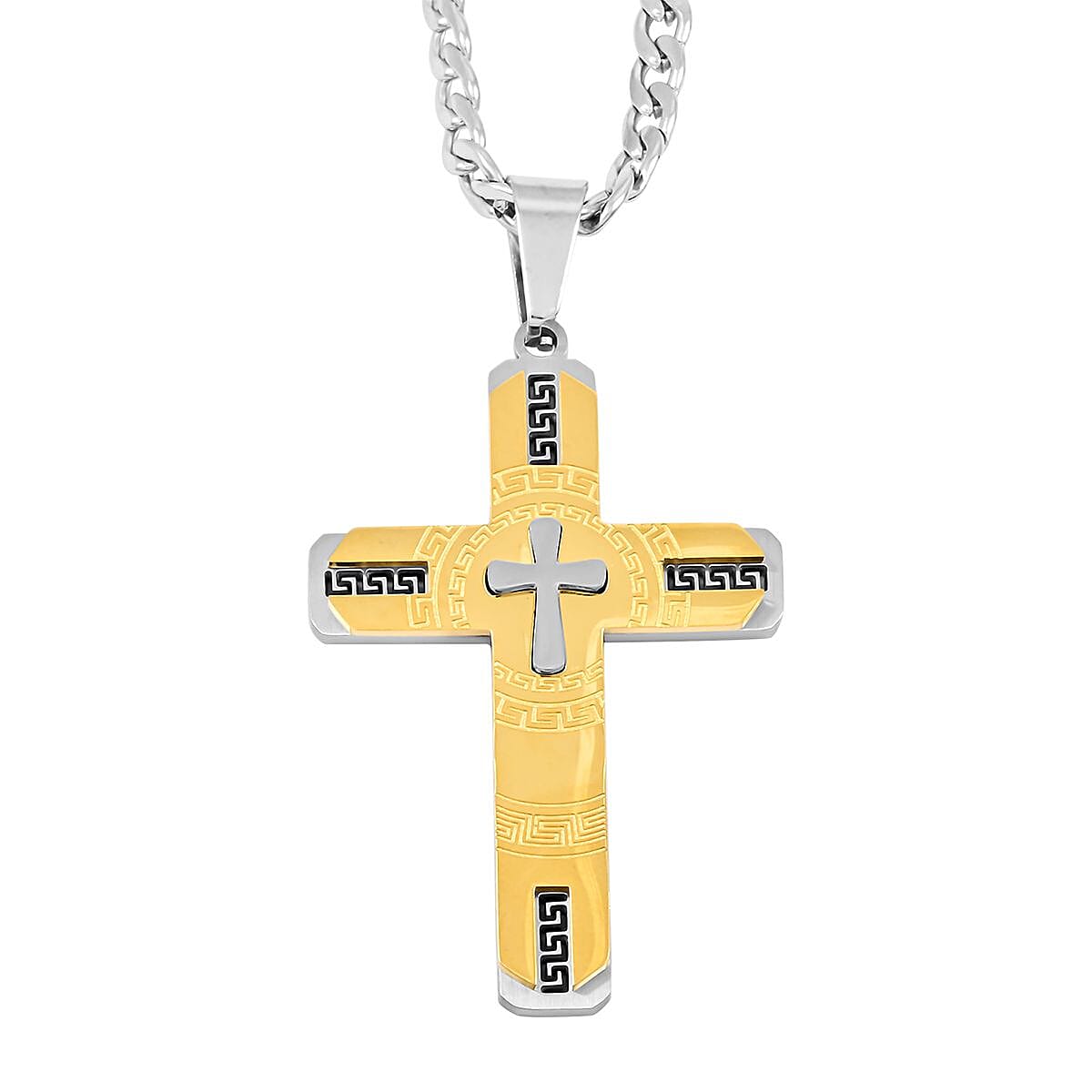 Hellenic Key Cross Pendant Necklace in ION Plated YG and Stainless Steel 24 Inches
