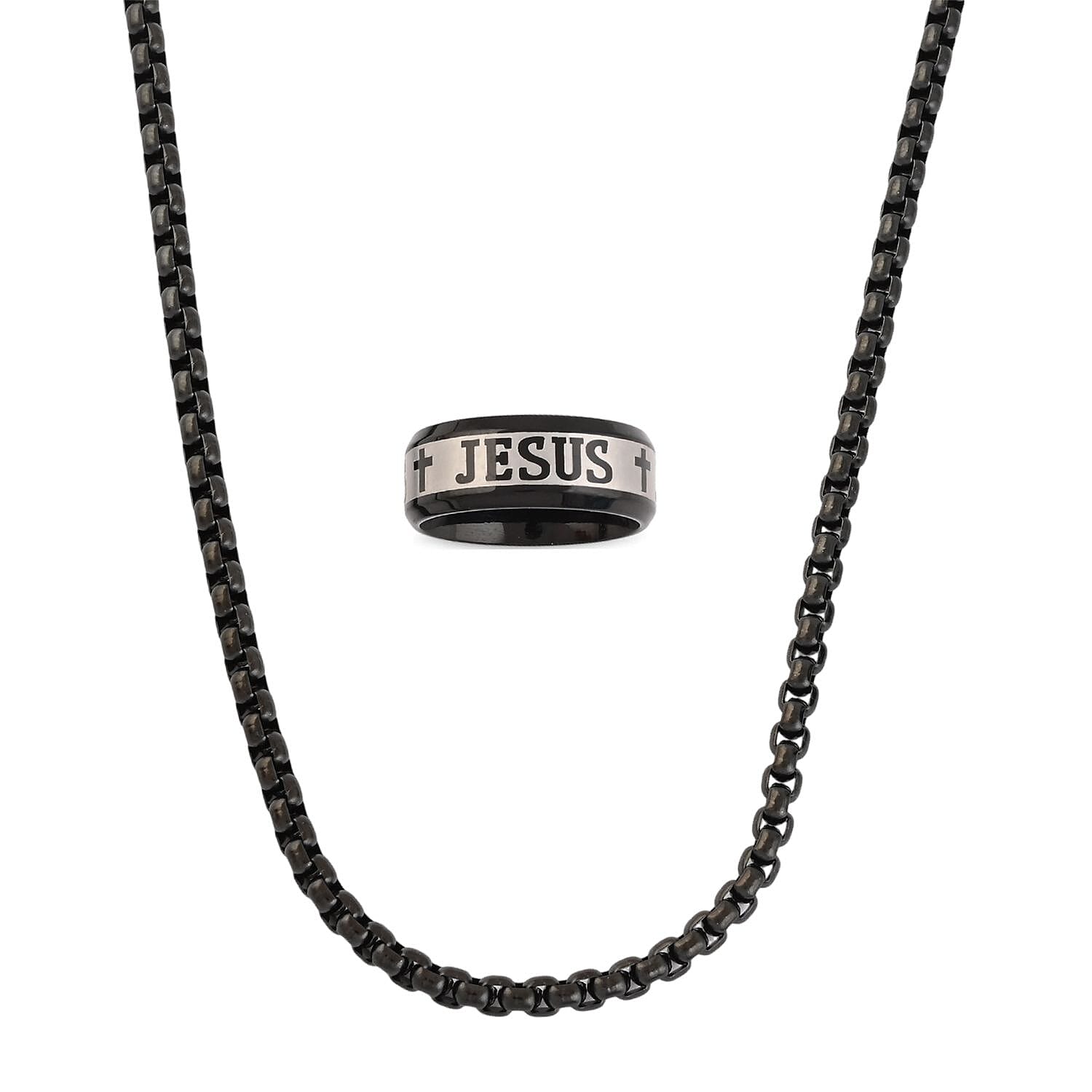 Set of Ring (Size 6.0) and Necklace (24 Inches) in ION Plated Black Stainless Steel